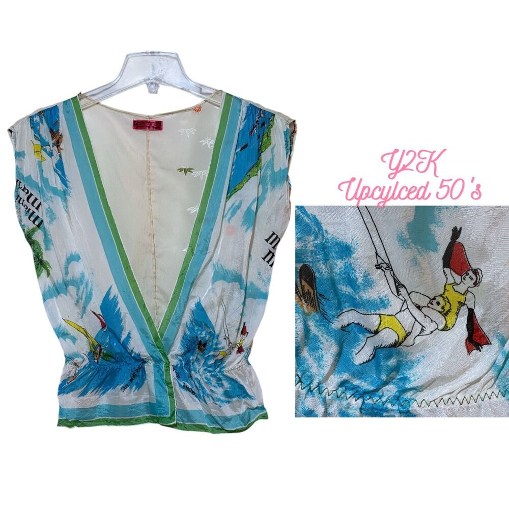 Y2K Super Lucky Cat Blouse L Deep Plunge Upcycled 50s Nautical Miami Sky Sailing
